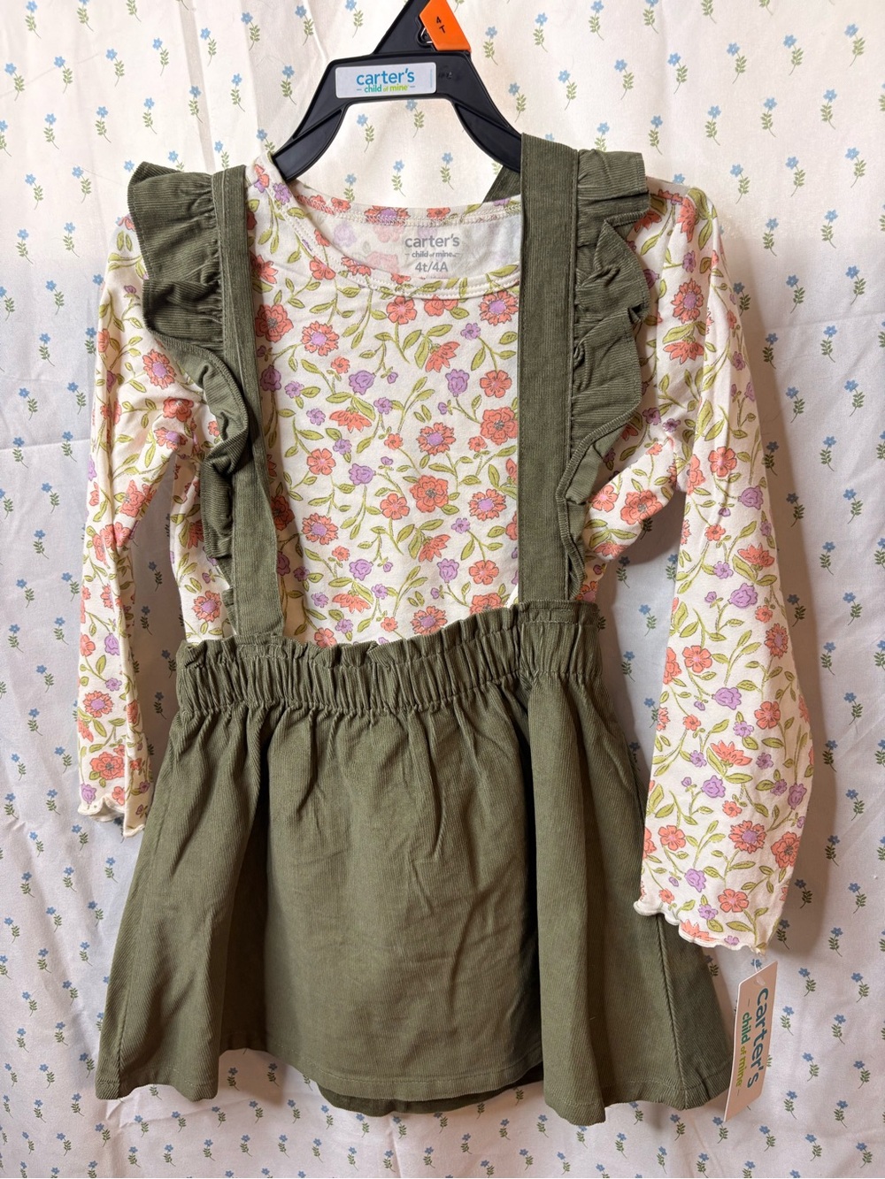 Carter's Olive Suspender Skirt with Pink Floral Long-Sleeve Top